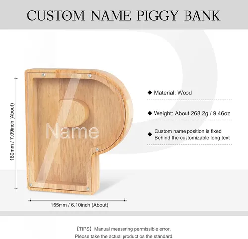 Vista 3 de Wooden Piggy Bank Personalized 26 English Alphabet Letter Coin Bank Custom Money Box Wooden Piggy Bank Gift for Kids Christmas Birthday Gift Home