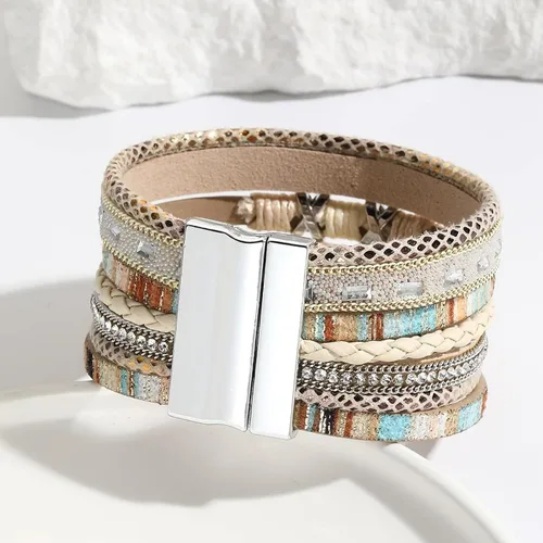 Vista 6 de Fesciory - Pulsera de leopardo para mujer, estilo bohemio de cuero multicapa con perlas de cristal