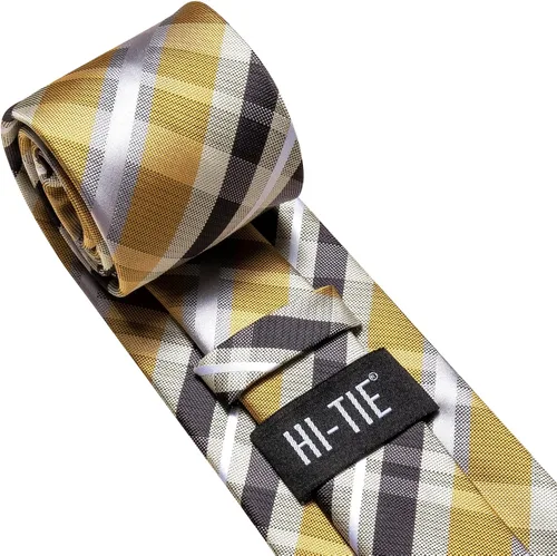Vista 308 de Hi-Tie Corbata clásica de cachemira para hombre con pañuelo y gemelos a cuadros