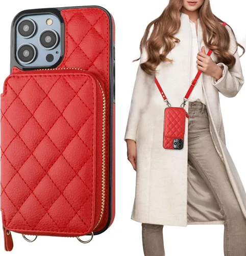 Vista 10 de Bocasal Funda tipo cartera cruzada para iPhone 14 Pro Max, con bloqueo RFID, de piel sintética, con cremallera, funda tipo cartera con función atril
