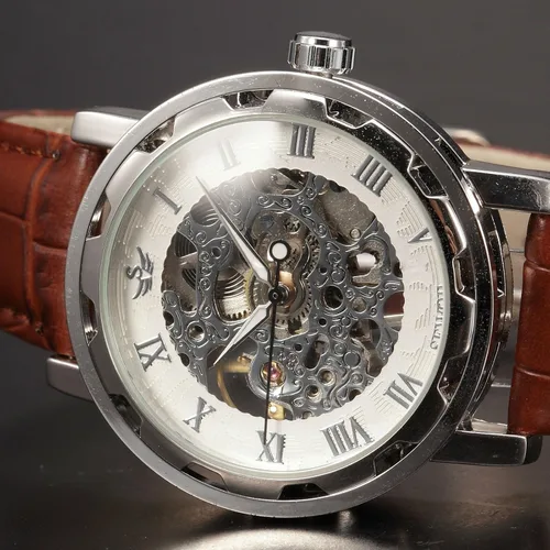 Vista 3 de Reloj de pulsera de cuero marrón mecánico con esfera blanca para hombre PMW302, Blanco