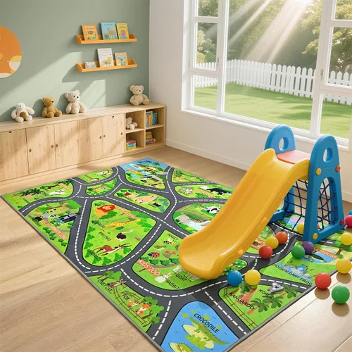 Vista 19 de Alfombras de juego de autos para niños, 36 x 60 pulgadas, tapete de juego de mapa de ruta urbano para jugar con autos, camiones, tapete de juego