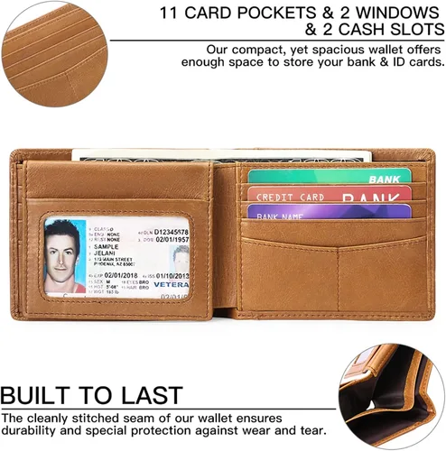 Vista 3 de FALAN MULE Cartera de cuero genuino para hombre, con bloqueo RFID, billetera plegable con 2 ventanas de identificación, Caqui, Classic