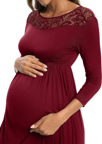 Vista 3 de Vestido largo de maternidad con cuello de encaje, vestido de baby shower, vestido de sesión de fotos de maternidad, vestido de embarazo