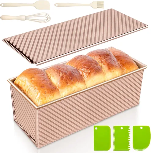 Vista 8 de Paquete de 2 moldes para pan con tapas – Capacidad de masa de 2.2 libras y 1 libra, moldes para pan de acero al carbono antiadherentes para pan