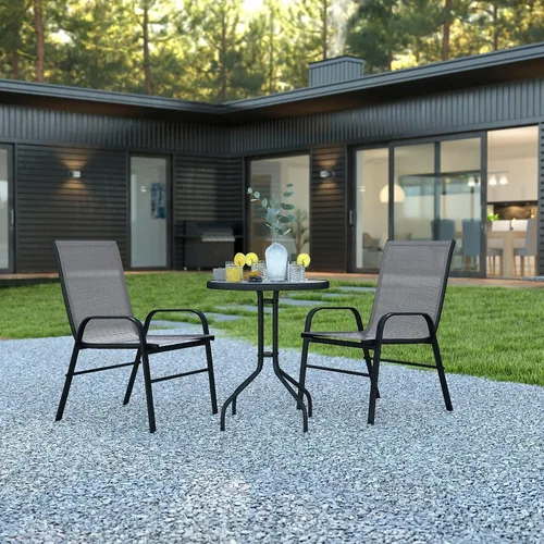 Vista 2 de Flash Furniture Brazos - Juego de comedor para patio al aire libre de 3 piezas, 2 sillas apilables flexibles color gris, mesa redonda de vidrio
