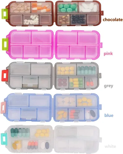 Vista 5 de Pastillero (paquete de 2) – Caja portátil para tabletas de suplementos pequeños con 10 compartimentos – Organizador de vitaminas medicinales