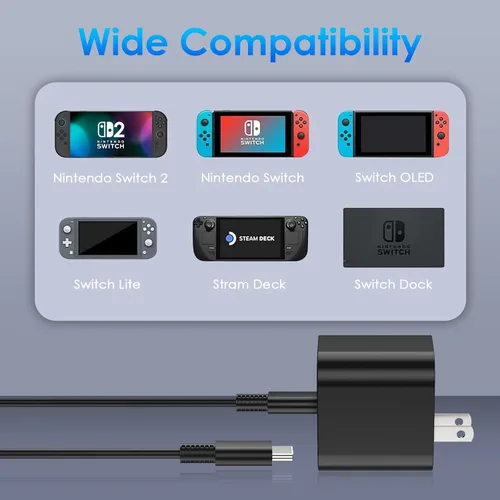 Vista 7 de 60W Charger for Nintendo Switch 2, Fast Charging USB C Cable for Switch 2 Accessories, AC Adapter with 5FT Cable Compatible with Nintendo