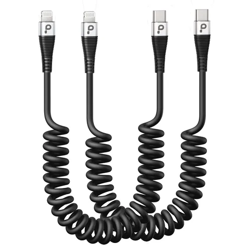 Vista 10 de Cable de carga para iPhone para automóvil de 3 pies, paquete de 2 cables Lightning enrollados, [certificado Apple MFi] cable de carga retráctil