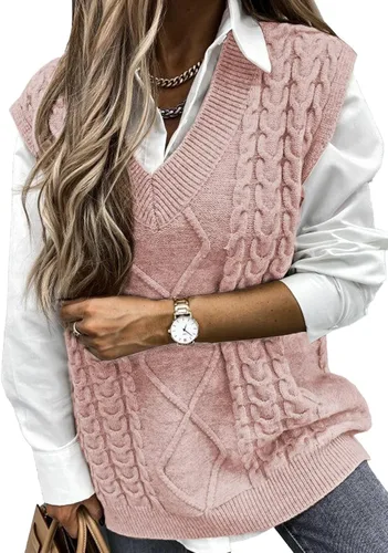 Vista 26 de EVALESS Chaleco Suéter de Gran Tamaño para Mujeres Cuello en V Sin Mangas Color Sólido Suéter Pullover Suelto 1 caqui.