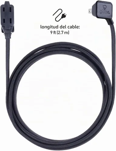 Vista 7 de Globe Electric 22810 - Cable de extensión de tela de 9 pies, 3 salidas polarizadas, enchufe de ángulo recto, 125 voltios, negro, decoración