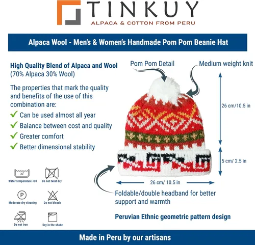 Vista 4 de TINKUY PERU - Gorro de invierno de lana de alpaca, hecho a mano, unisex, talla única