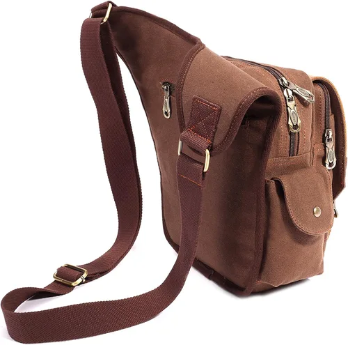 Vista 4 de Bolso de mensajero de lona vintage para hombre, bolso de mensajero de retazos de cuero en el pecho