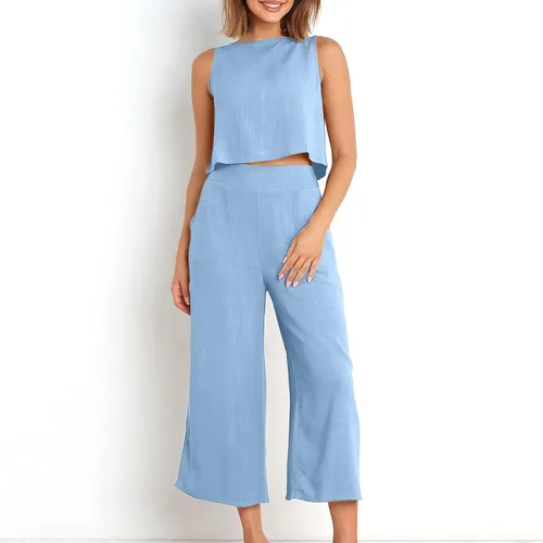 Vista 3 de Conjuntos de algodón y lino para mujer, conjunto de 2 piezas de verano, conjunto de pantalones de pierna ancha, bolsillos a juego, conjunto