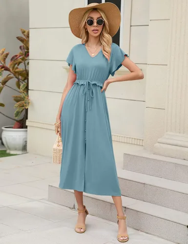 Vista 2 de KOJOOIN Vestido largo con cuello en V y estampado floral bohemio con volantes, manga corta, escalonado, casual, elástico, cintura alta, dobladillo