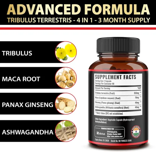 Vista 4 de Zolotus Cápsulas Premium de Tribulus Terrestris - Combinadas con Ashwagandha, Panax Ginseng y Maca - 90 Unidades para 3 Meses