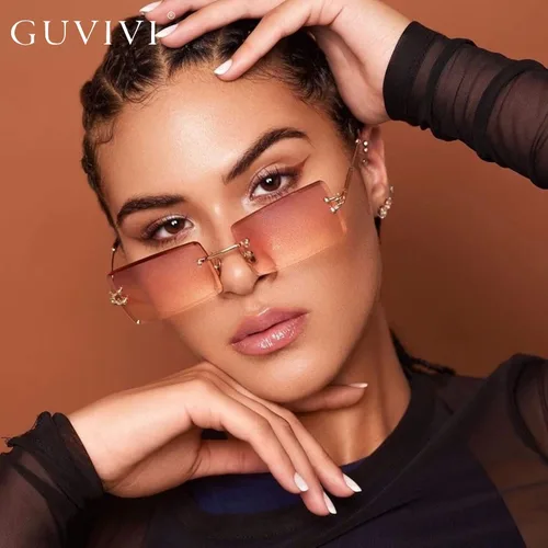 Vista 2 de GUVIVI Gafas de sol rectangulares sin montura para mujeres y hombres pequeñas cuadradas de moda de colores de los años 90 gafas unisex