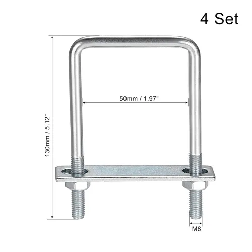 Vista 12 de uxcell Pernos cuadrados en U de 1 "(25 mm) de ancho interior de acero al carbono M8 con tuercas, placa de marco, arandelas redondas, juego de 4