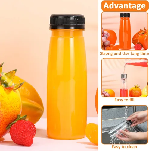 Vista 4 de Tanlade 100 botellas de plástico para jugos con tapas, contenedor de bebidas para refrigerador, con tapa, botellas transparentes reutilizables