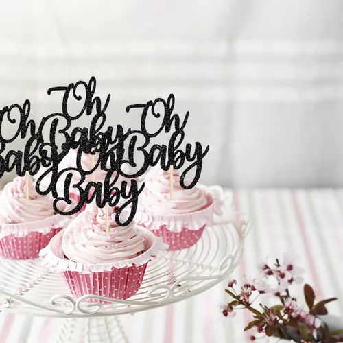 Vista 5 de Rsstarxi Paquete de 24 adornos para cupcakes Oh Baby con purpurina para baby shower, decoración de cupcakes para bautizo de bebé, palillos de Diseño