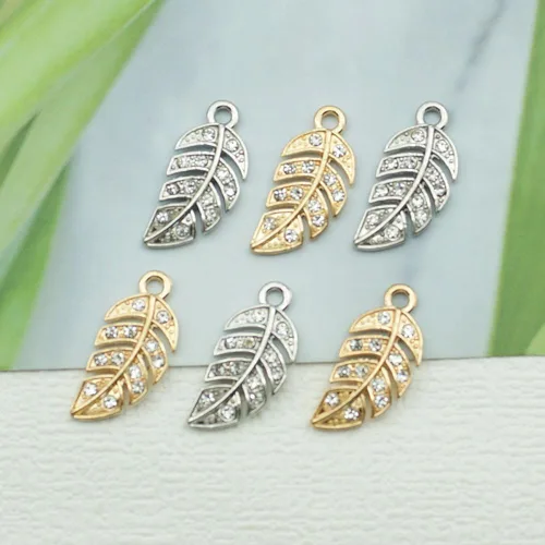 Vista 6 de Dijes creativos de diamantes de imitación de hojas, 20 piezas, dijes de hoja de aleación para bricolaje, llavero, collar, aretes, accesorios de Oro