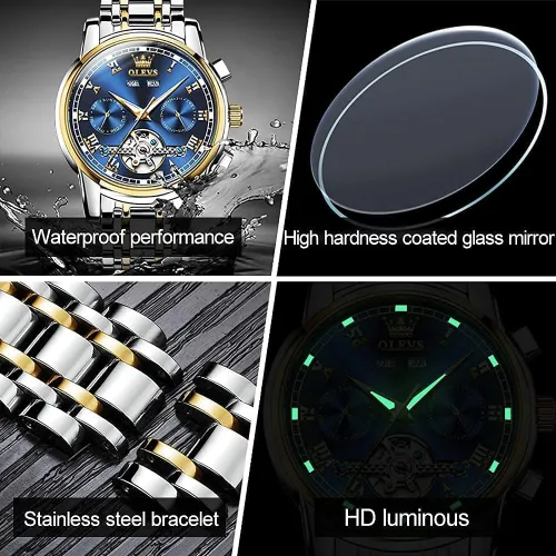 Vista 5 de OLEVS Reloj para hombre Tourbillon automático mecánico de cuerda automática reloj de pulsera de lujo con doble calendario de acero inoxidable