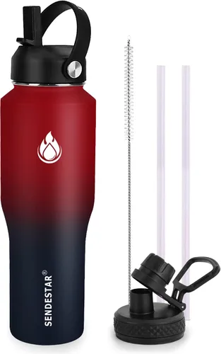 Vista 38 de SENDESTAR - Botella de agua de 0,9 L, 2 tapas (tapa con pajita), boca ancha de acero inoxidable aislada al vacío, doble pared, mantiene los líquidos