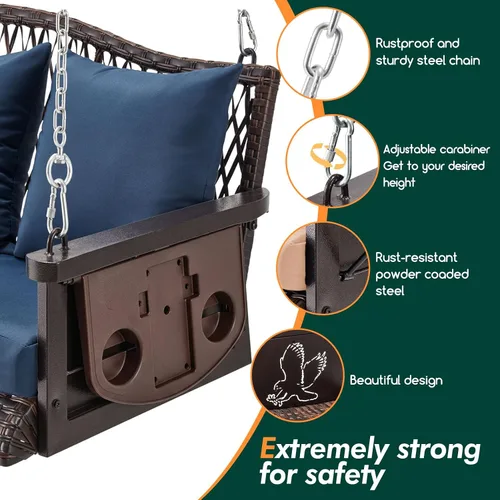Vista 5 de ZZW Columpio colgante de mimbre mejorado para porche, resistente de 900 libras, 3 asientos, para patio, para adultos, con cadenas colgantes de 8.9