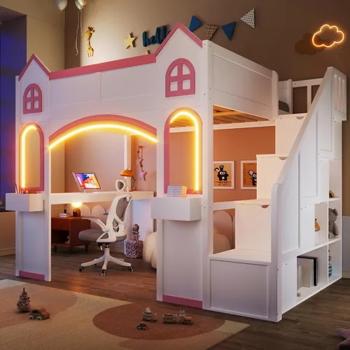 Vista 14 de Playhouse Wood Twin Size Loft Bed with Storage Staircase, Desk, Shelves