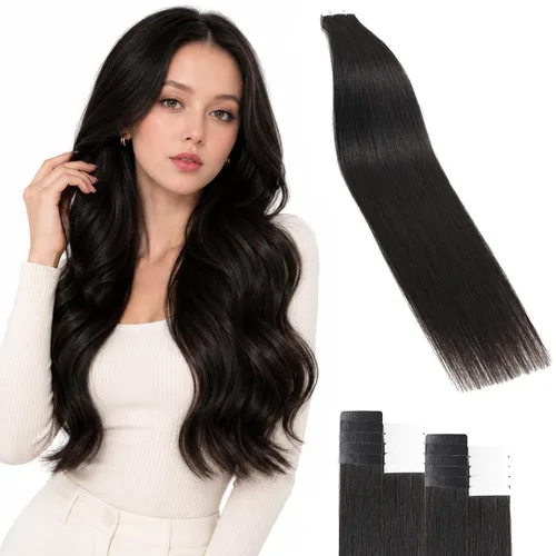Vista 9 de Extensiones adhesivas de cabello humano de 24 pulgadas, color negro #1 Negro Azabache