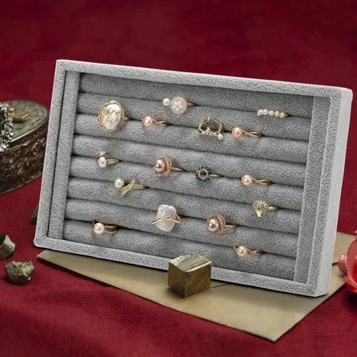 Vista 7 de Foraineam Paquete de 4 bandejas de terciopelo con 7 ranuras para aretes, vitrina, soporte para cajones, organizador de almacenamiento de joyas
