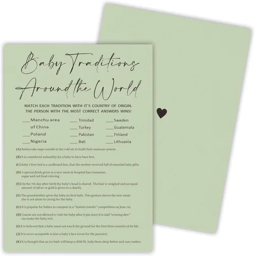 Vista 12 de 30 tarjetas de juego minimalistas verdes para baby shower con tarjeta de respuesta, juego de vientre de bebé o cerveza, juegos de baby shower