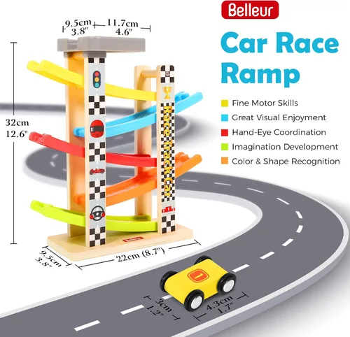 Vista 2 de Belleur - Juego Montessori para niños de 1 a 3 años, pista de carreras de coches para niños pequeños con 5 coches mini y 5 rampas, juego de juguetes