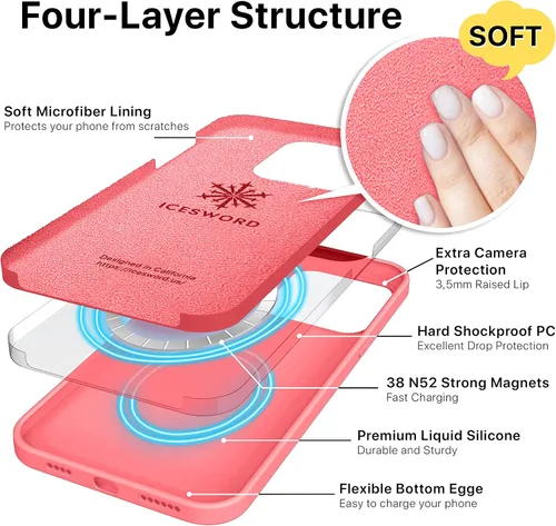 Vista 4 de IceSword Funda magnética para iPhone 14, funda de silicona Berry [carga rápida] imanes fuertes, forro de microfibra delgado, rosa intenso dulce