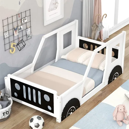 Vista 3 de Cama de plataforma de tamaño individual, cama de plataforma en forma de automóvil con ruedas y ventanas, marco de cama de madera maciza con soporte