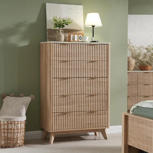 Vista 14 de T4TREAM Cómoda acanalada de 3 cajones de 32 pulgadas para dormitorio, aliso Aliso Oscuro