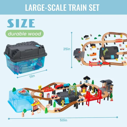 Vista 3 de 100 piezas de juego de tren de madera para niños de 3 años, juego de tren de doble cara con pistas, puente, estación de tren y caja