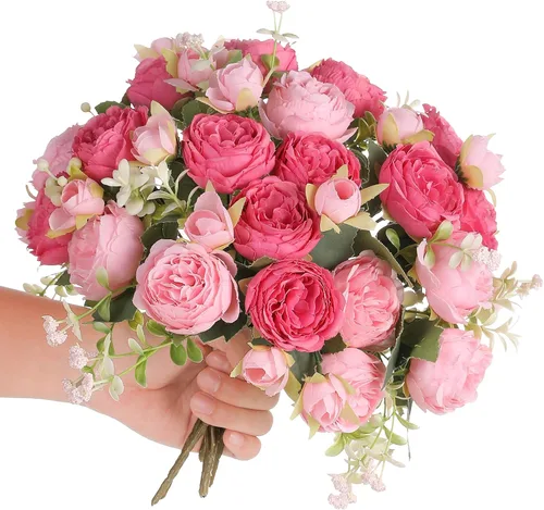 Vista 26 de 2 racimos de flores artificiales de peonía beige, ramo de peonías de seda para bodas, fiestas, centros de mesa, arreglos florales, decoración
