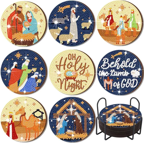 Vista 9 de Perthlin 8 posavasos de arte de diamantes de Navidad, árbol de Navidad, gnomo de caramelo, juego de pintura con soporte, kit de pintura de diamantes