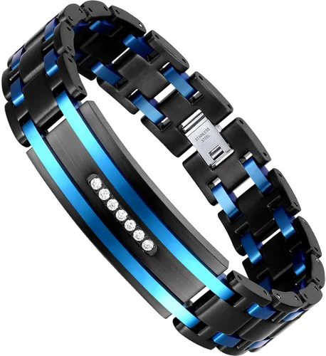 Vista 15 de Holizaly Pulsera curvada para hombre, chapado en iones negro y azul, regalos negros para hombres y mujeres, cumpleaños, día de San Valentín, joyas