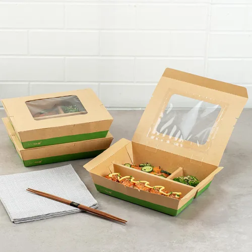 Vista 4 de Restaurantware Caja Bento de papel de 100 unidades, 51 onzas, contenedor de papel de estraza para alimentos, caja desechable a prueba de grasa