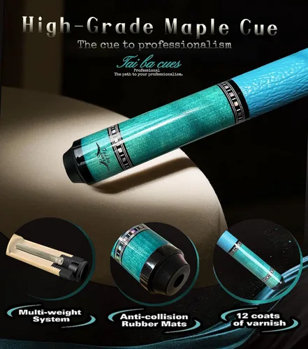Vista 4 de Tai ba cues Taco de billar profesional de madera canadiense de 19, 20, 21 onzas, rosa, azul, verde, naranja