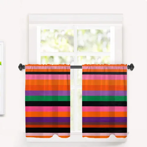 Vista 87 de Cortinas de cocina de hojas de arce otoñales para ventanas, hojas verdes y rojas sobre cenefas opacas negras, tratamientos de ventana de poliéster