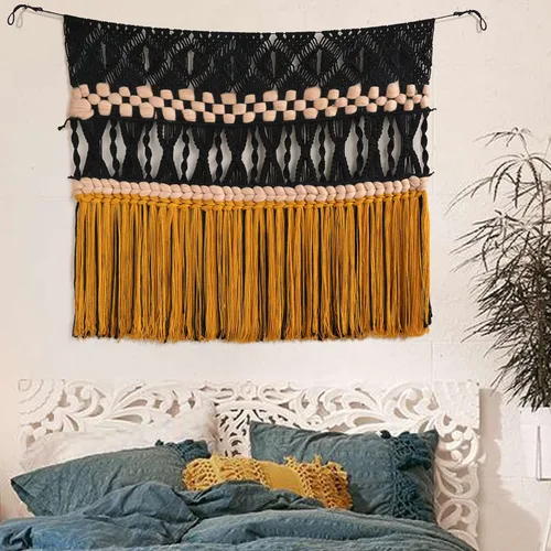 Vista 3 de IOWER Macramé para colgar en la pared, decoración de pared de macramé tejido negro, decoración de pared bohemia hecha a mano, decoración