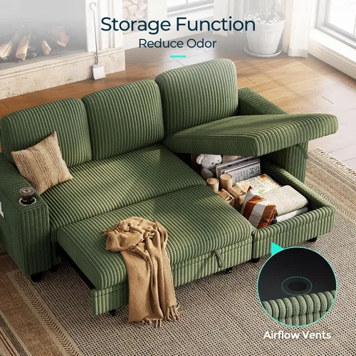 Vista 7 de LINSY HOME - Sofá seccional cama extraíble para sala de estar, sofá en forma de L de corduroy mullido con almacenamiento y carga USB, sofá seccional