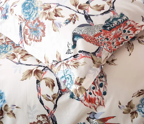 Vista 5 de Eikei - Funda de edredón floral con pavo real majestuoso de jardín oriental Estilo asiático elegante Chinoiserie Árboles en flor, vides y ramas