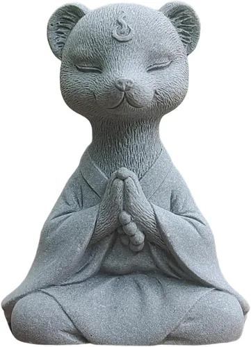Vista 4 de livelyfish Estatua de Buda de zorro meditador, acuario, yoga zen, figuras de animales, escultura de piedra arenisca para pecera, jardín, decoración