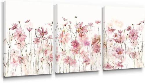 Vista 8 de SUMGAR Arte de pared rosa para dormitorio de niñas, decoración de pared de perfume de moda, flores, mariposas, cuadros de lienzo con marco gris