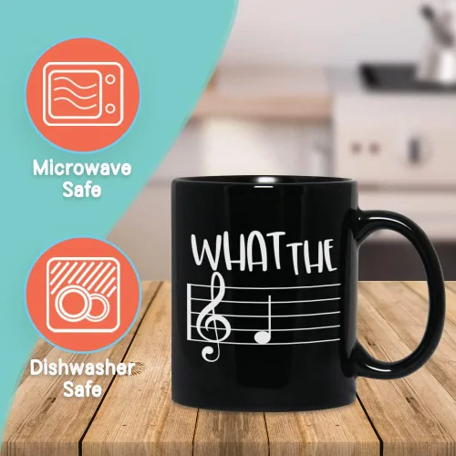 Vista 2 de Taza de café musical de 11 onzas, con texto en inglés "What The F Funny Note Sayings", regalo único para profesores musicales, amantes de la música