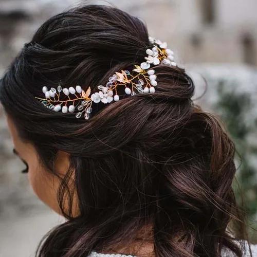 Vista 5 de JONKY Vid de pelo de novia de cristal de hoja de perla, diademas y accesorios para el cabello para mujer (dorado)